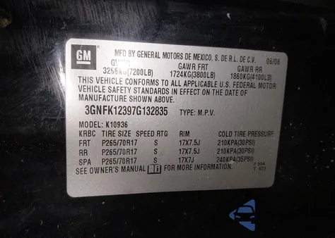 2007 Chevrolet Avalanche 1500 Lt from USA, damaged, VIN 3GNFK12397G132835